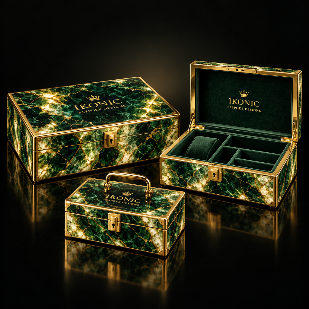 A set of natural stone boxes and carrying cases in green marble with gold trim