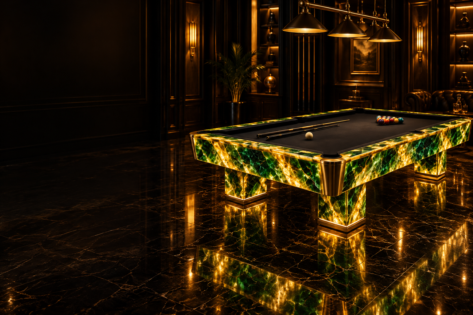 A billiard table on a translucent emerald onyx base in a dark, panelled game room