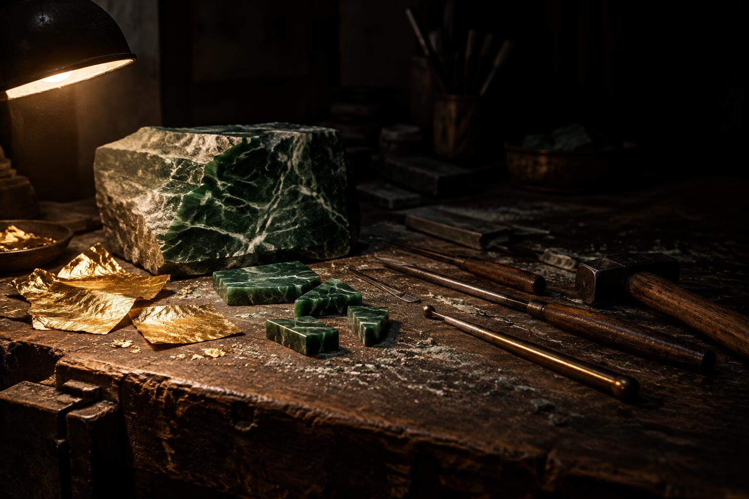 A stone workshop bench at night with a block of green marble, gold leaf and hand tools